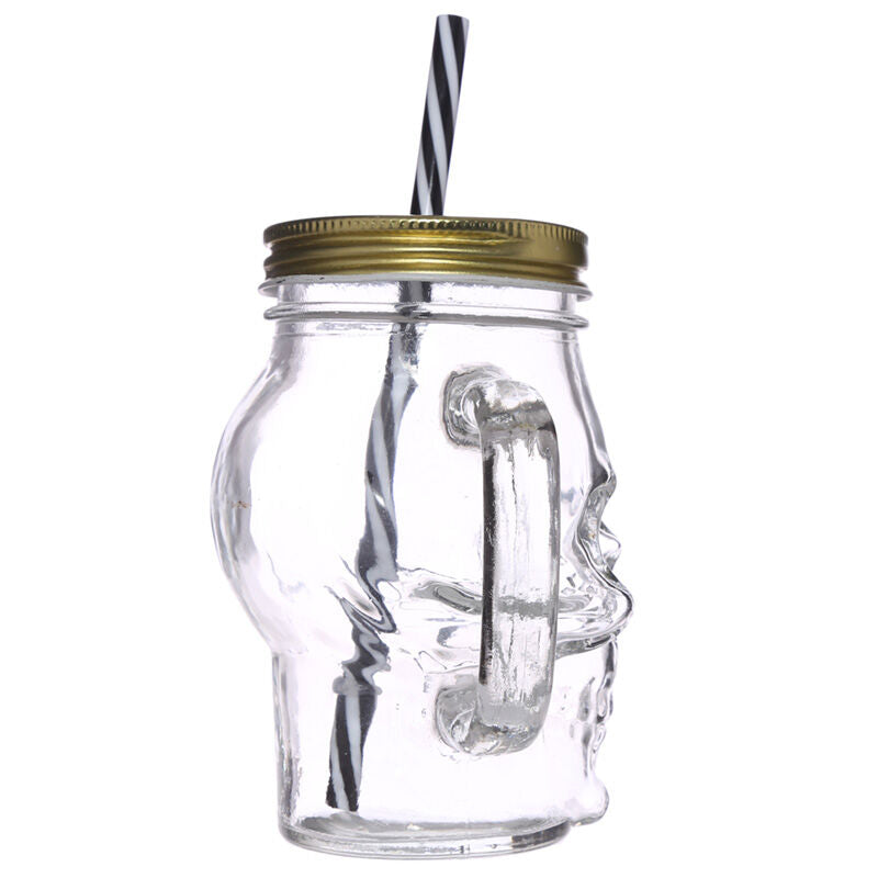 Glass Drinking Jar with Lid & Straw - Skull Shaped