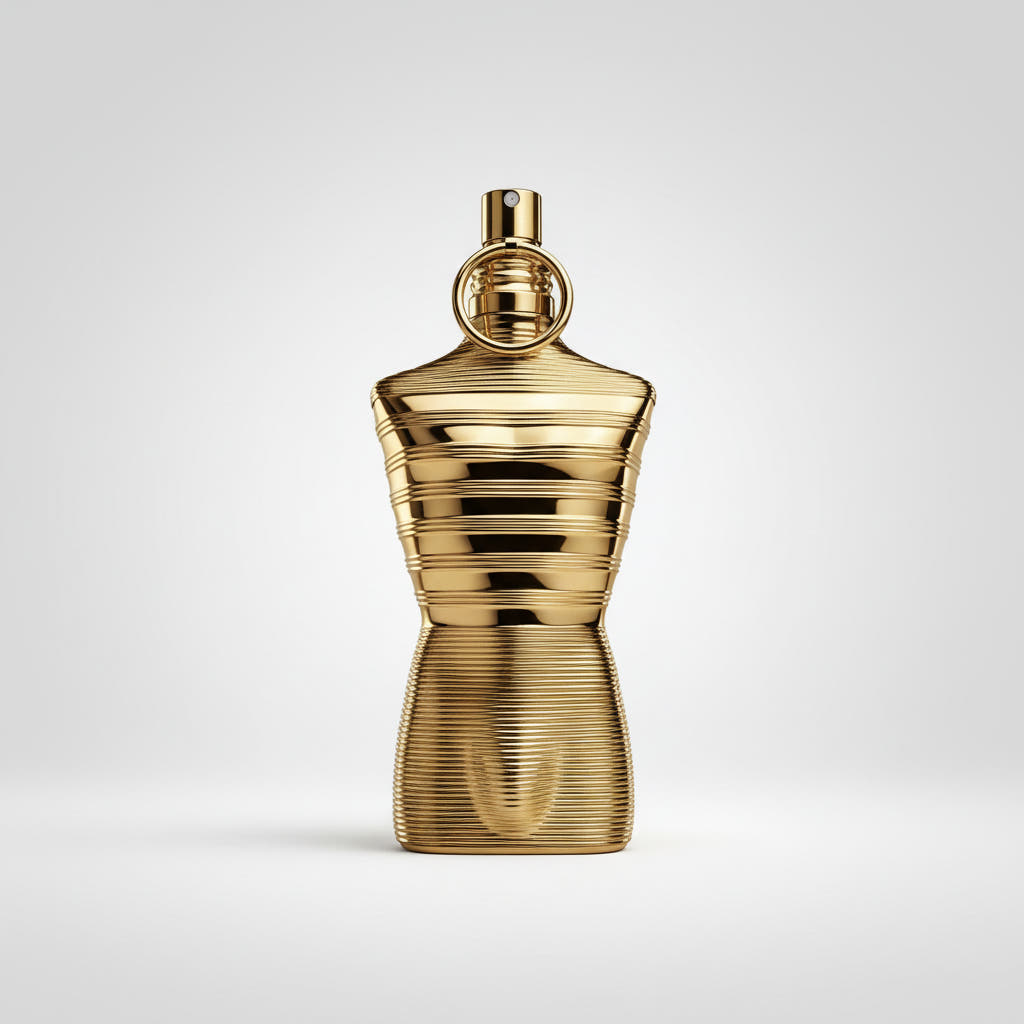 Gold perfume bottle on a white background