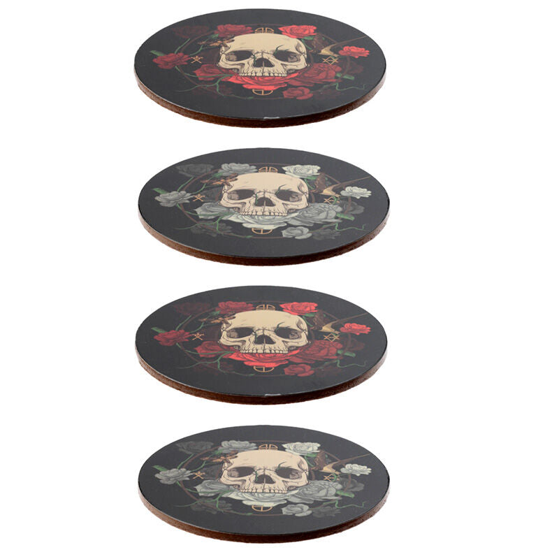 Set of 4 Cork Novelty Coasters - Skulls and Roses