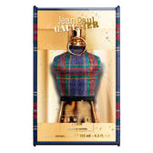 Jean Paul Gaultier perfume bottle in a colorful plaid box on a white background