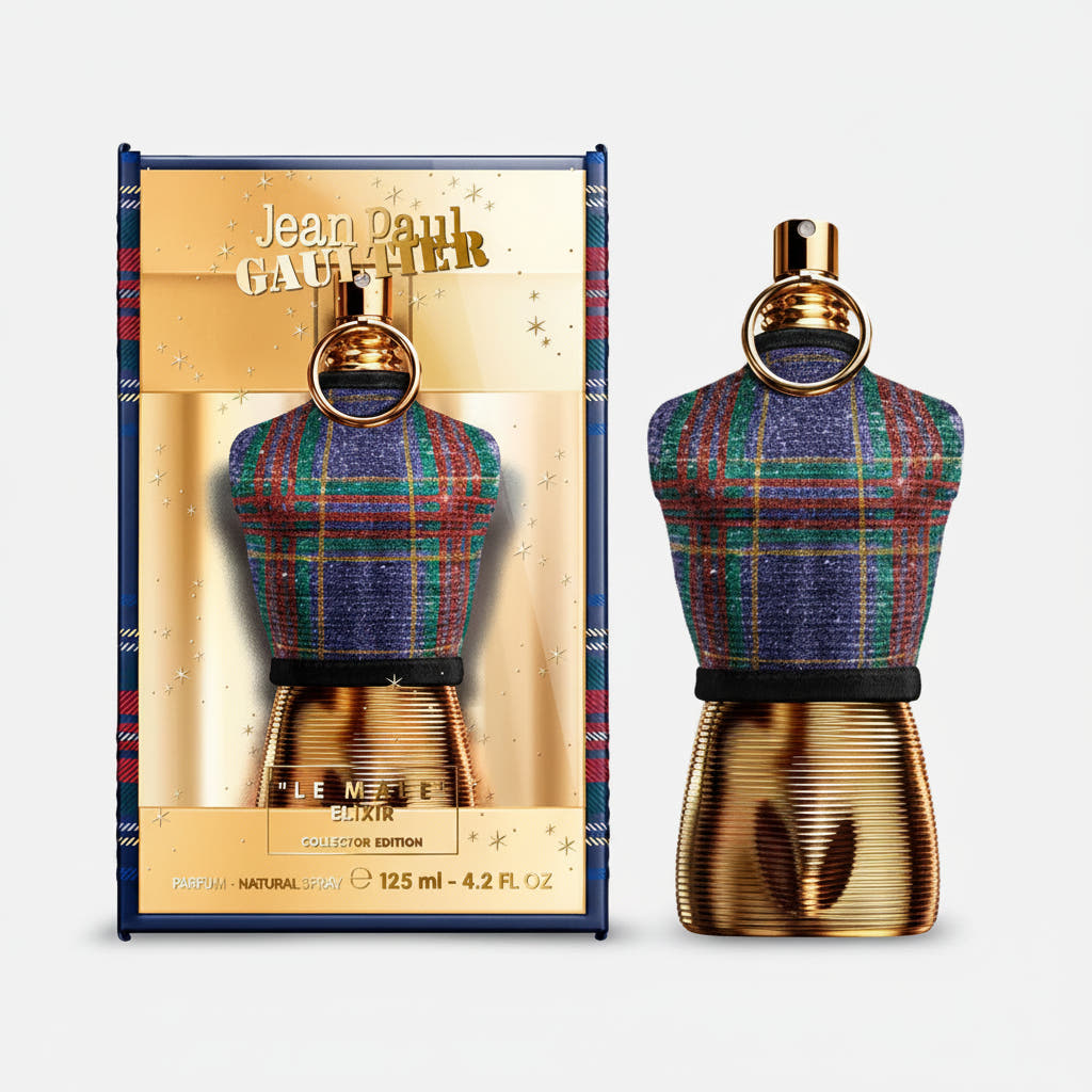 Jean Paul Gaultier perfume bottle with plaid design and gold accents on a white background