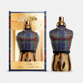 Jean Paul Gaultier perfume bottle with plaid design and gold accents on a white background