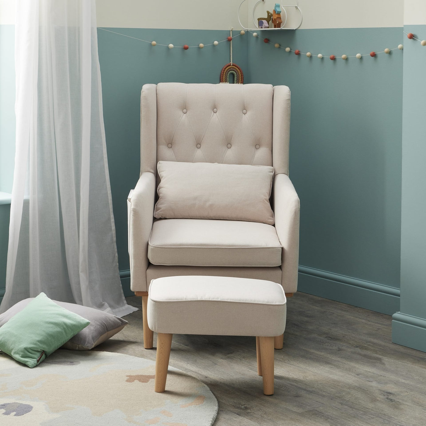 Lux Nursing Chair & Footstool – Converts Rocker to Armchair | Tweed Fabric Beech Wood Frame