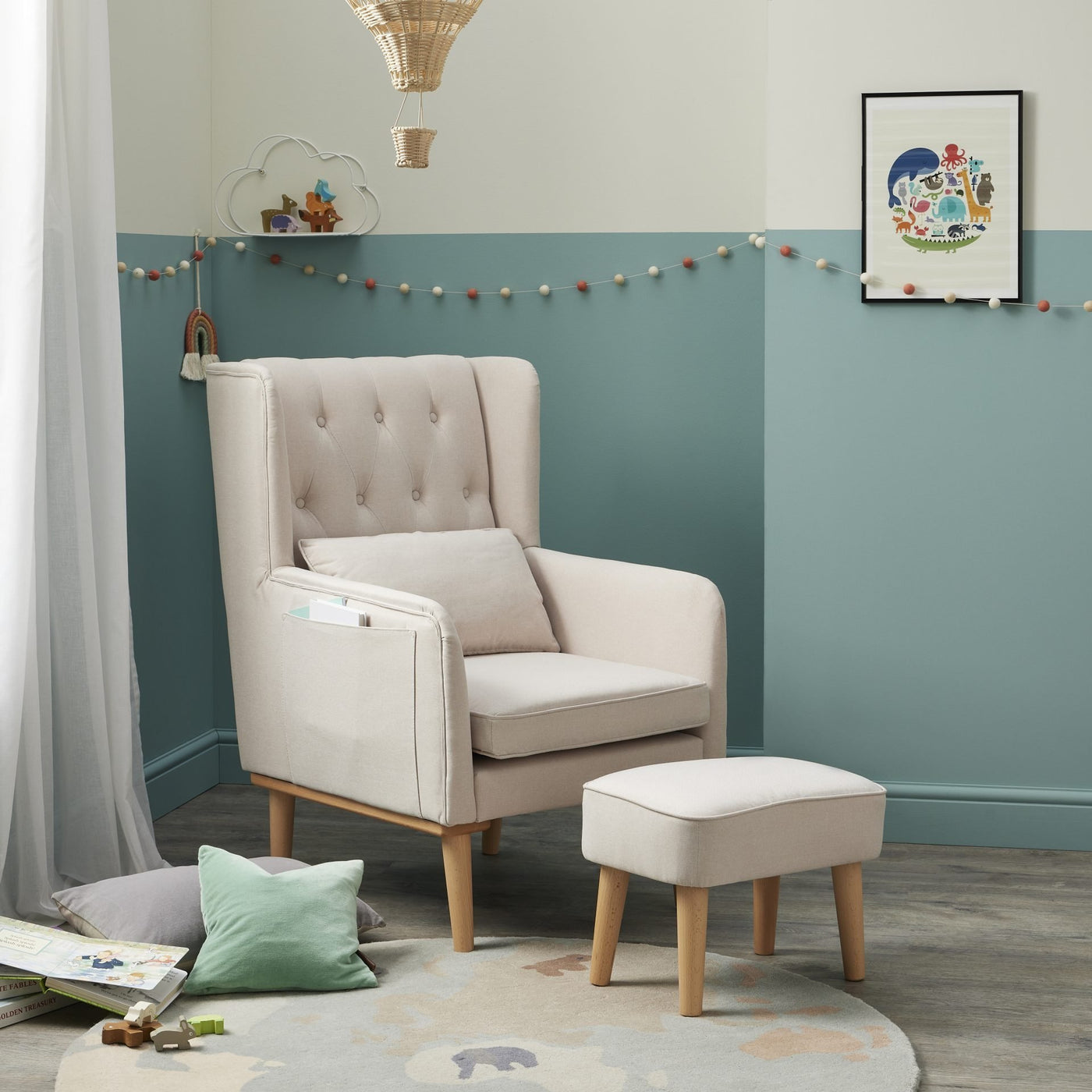 Lux Nursing Chair & Footstool – Converts Rocker to Armchair | Tweed Fabric Beech Wood Frame