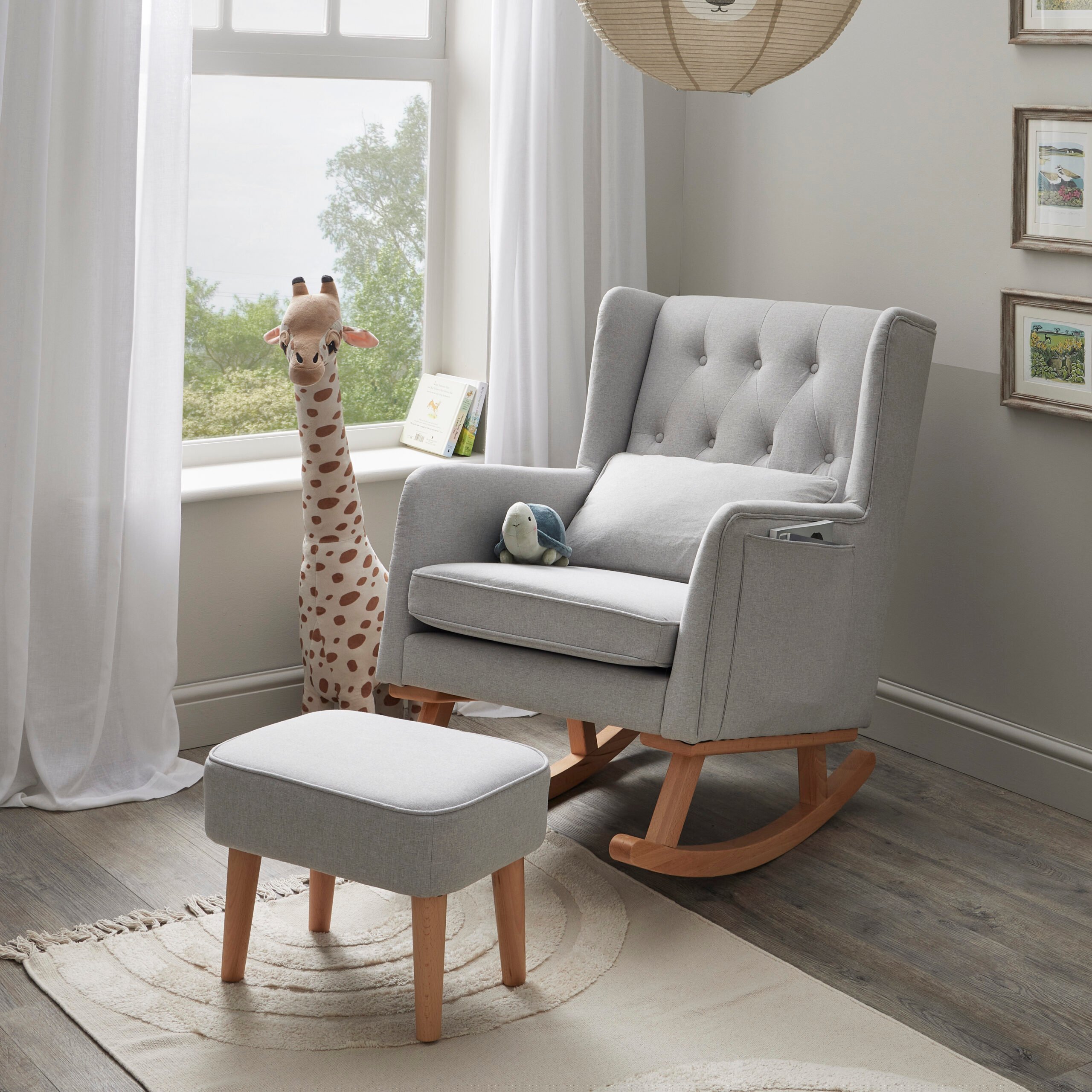 Lux Nursing Chair & Footstool – Converts Rocker to Armchair | Tweed Fabric Beech Wood Frame Grey