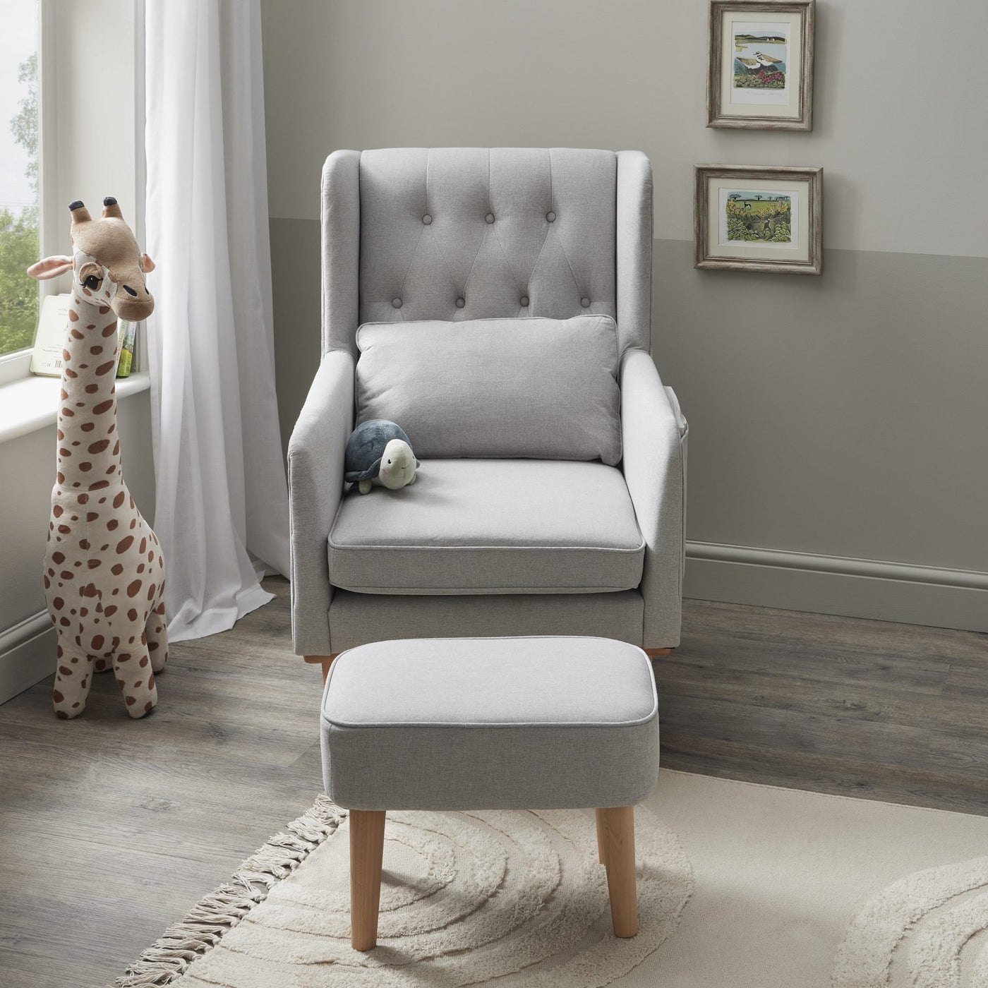 Lux Nursing Chair & Footstool – Converts Rocker to Armchair | Tweed Fabric Beech Wood Frame