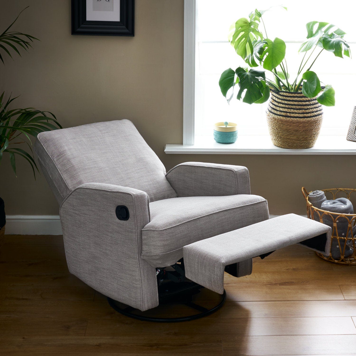 Madison Swivel Glider Recliner Nursing Chair – Pebble | 360° Swivel Reclining Nursery Chair