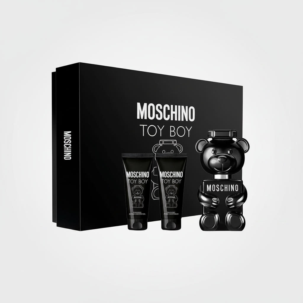 Moschino Toy Boy fragrance gift set featuring a large black box, two black body care tubes, and a glossy black bear-shaped bottle with white text, all on a white background.