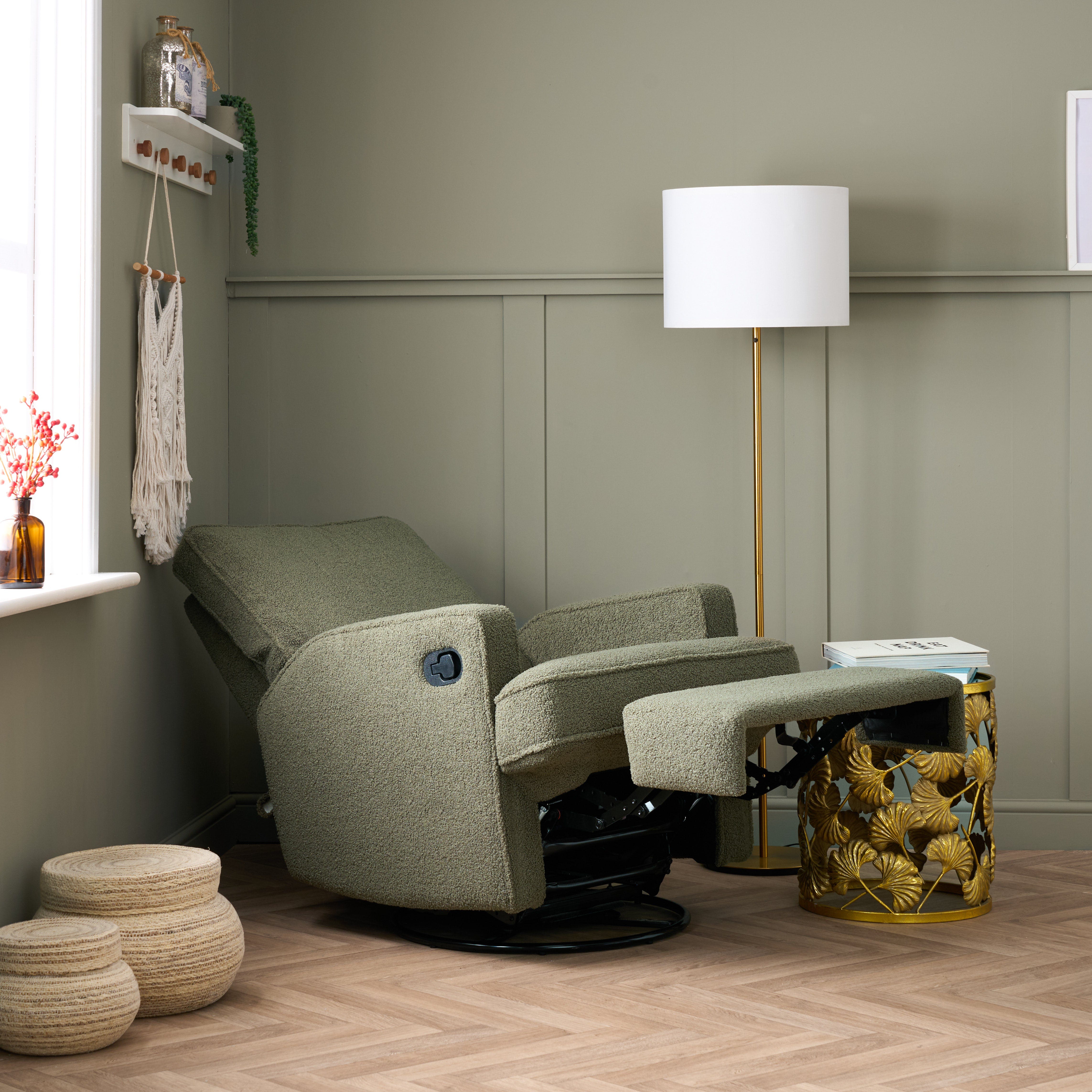 Madison Swivel Glider Recliner Nursing Chair – Teddy Olive | 360° Swivel Reclining Nursery Chair