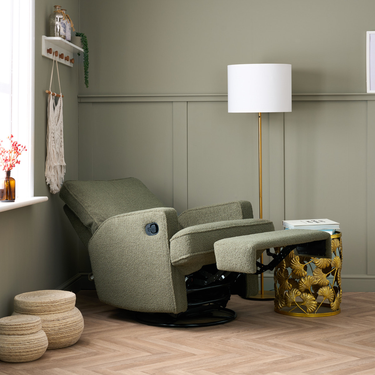 Madison Swivel Glider Recliner Nursing Chair – Teddy Olive | 360° Swivel Reclining Nursery Chair
