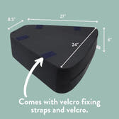 Black triangular object with measurements and Velcro fixing information on a green background