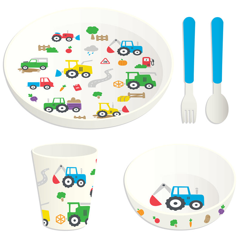 Recycled RPET Set of 5 Kids Cup, Bowl, Plate & Cutlery Set - Little Tractors