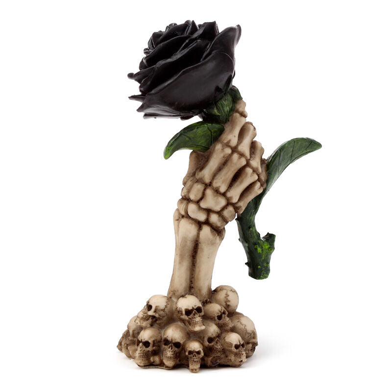 Gothic Skull Decoration - Skeleton Hand Holding Black Rose