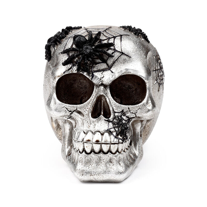 Decorative Ornament - Silver Skull with Black Spiders & Webs