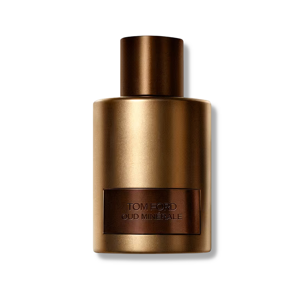 Bronze-colored Tom Ford perfume bottle on a white background