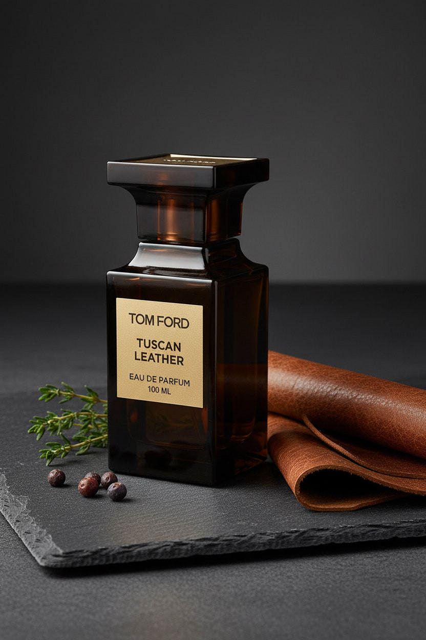 Tom Ford Tuscan Leather Eau de Parfum 100ml bottle, featuring an amber brown glass bottle with a cream-colored label and a dark brown cap.