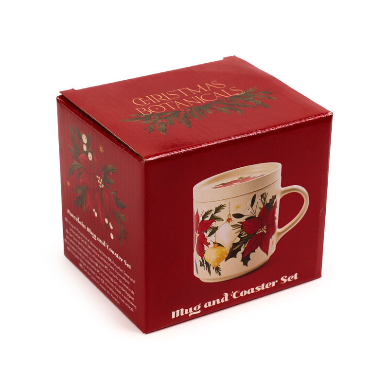 Porcelain Mug & Coaster Lid Set - Christmas Botanicals