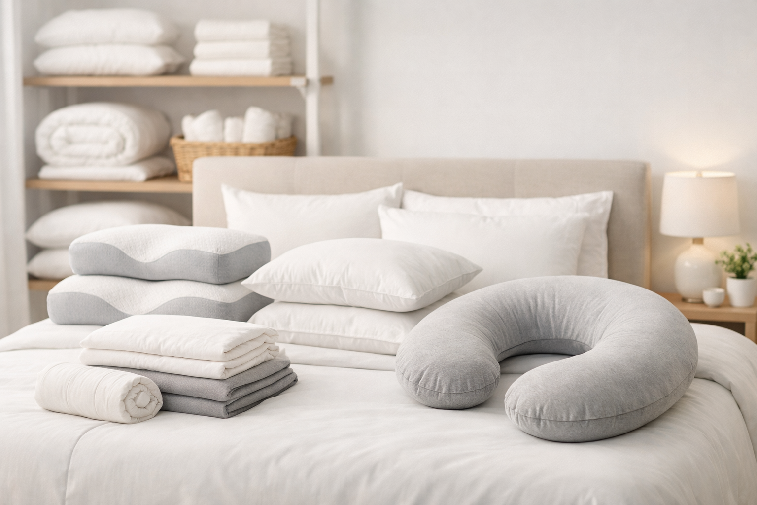 A premium bedding and pillow brand product display in a bright modern bedroom showroom, neatly arranged ergonomic pillows, pregnancy pillows and bedding products on a bed and shelves, soft natural lighting, neutral colours.