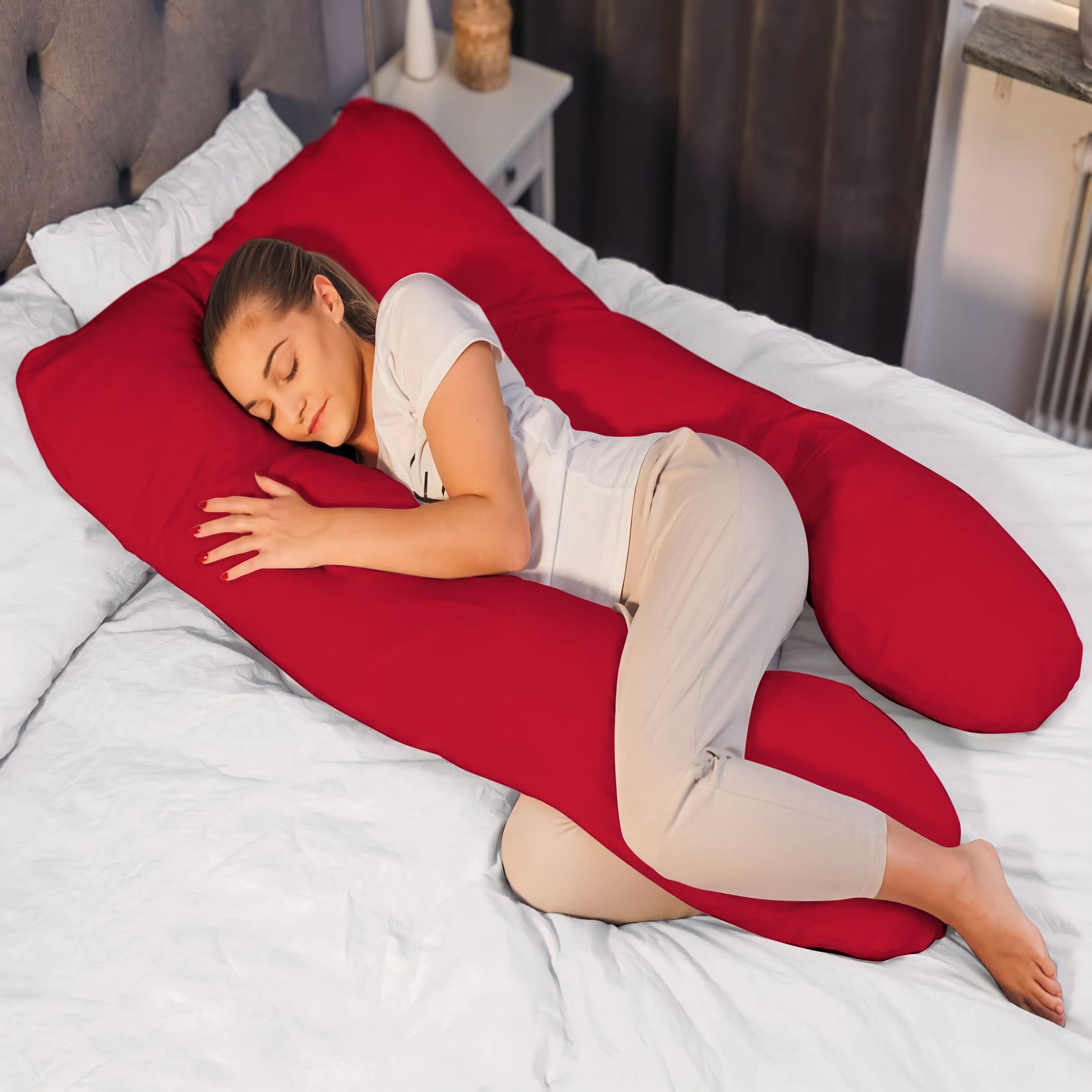 U-Shaped Pregnancy Pillow for Full Body & Maternity Support - Red / 12FT - 182 cm Each Leg
