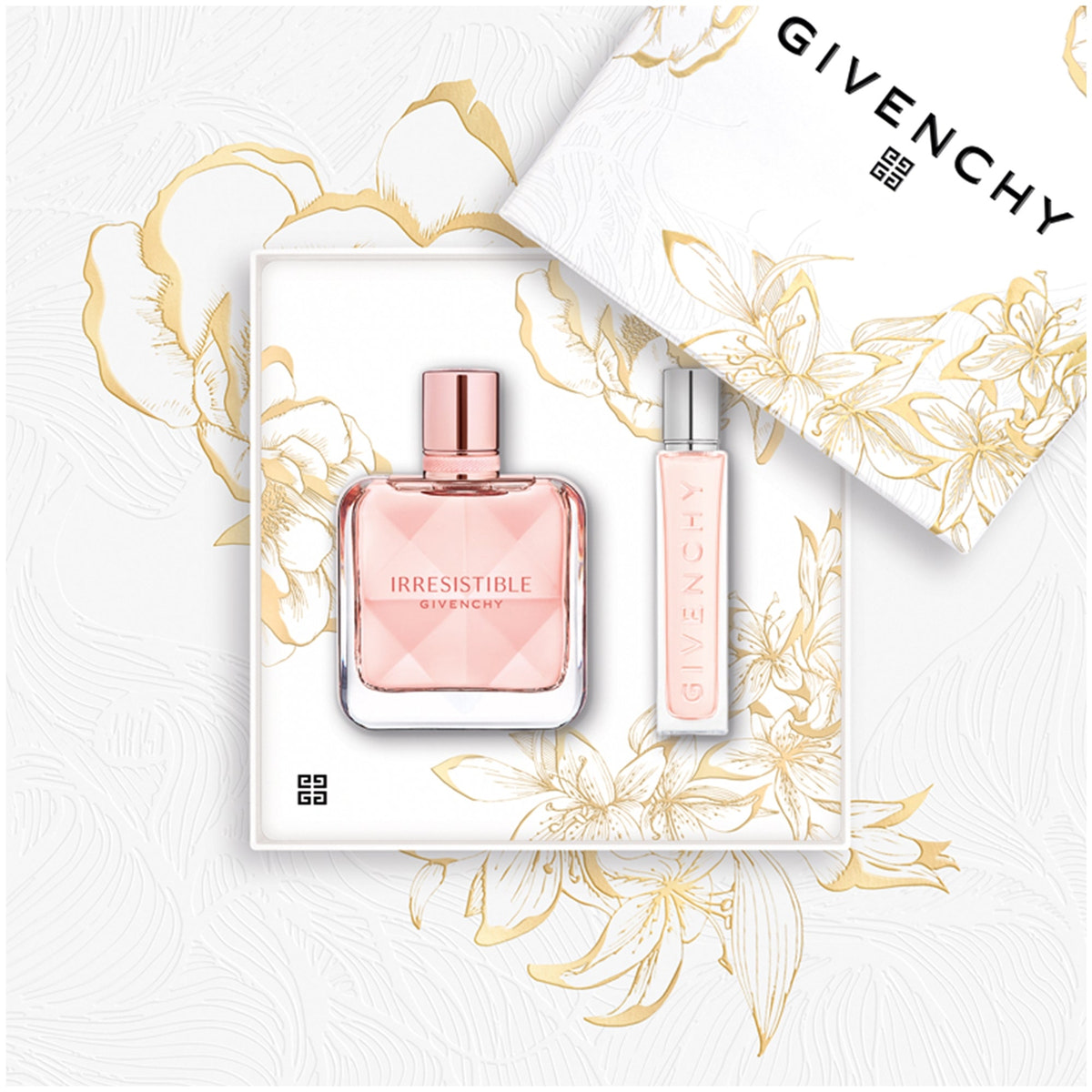 Givenchy Irresistible fragrance set featuring a pink perfume bottle and a matching travel spray tube, presented on a white floral background with the brand's packaging.