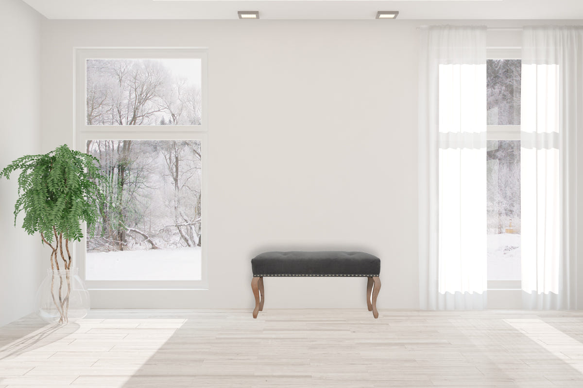 French Style Grey Velvet Bench | Cotton Velvet Hand-Carved
