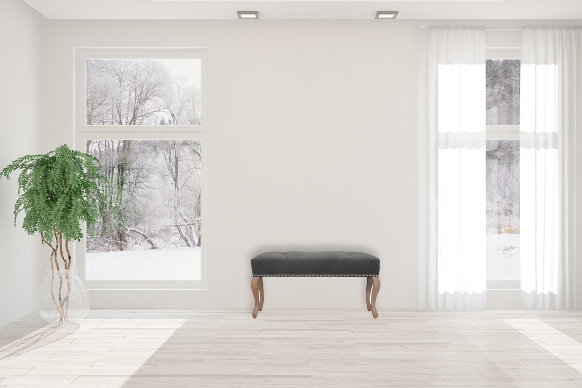 French Style Grey Velvet Bench | Cotton Velvet Hand-Carved