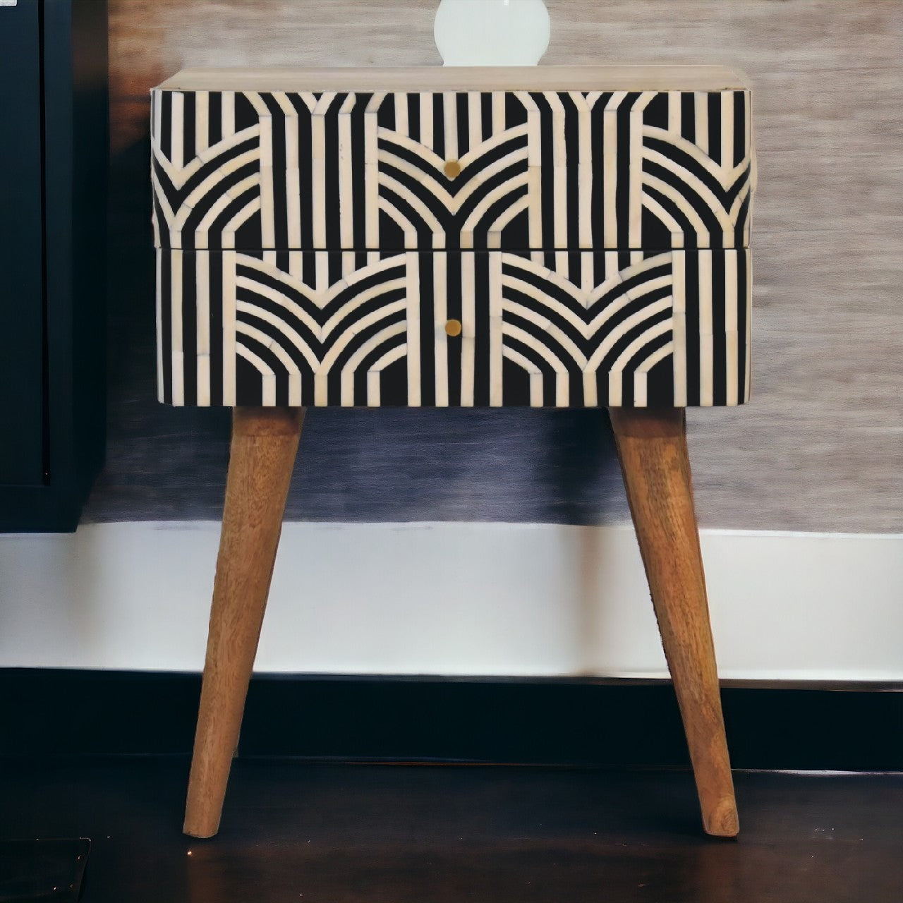 Edessa Bone Inlay Bedside Table | Oak-Ish Solid Mango Wood