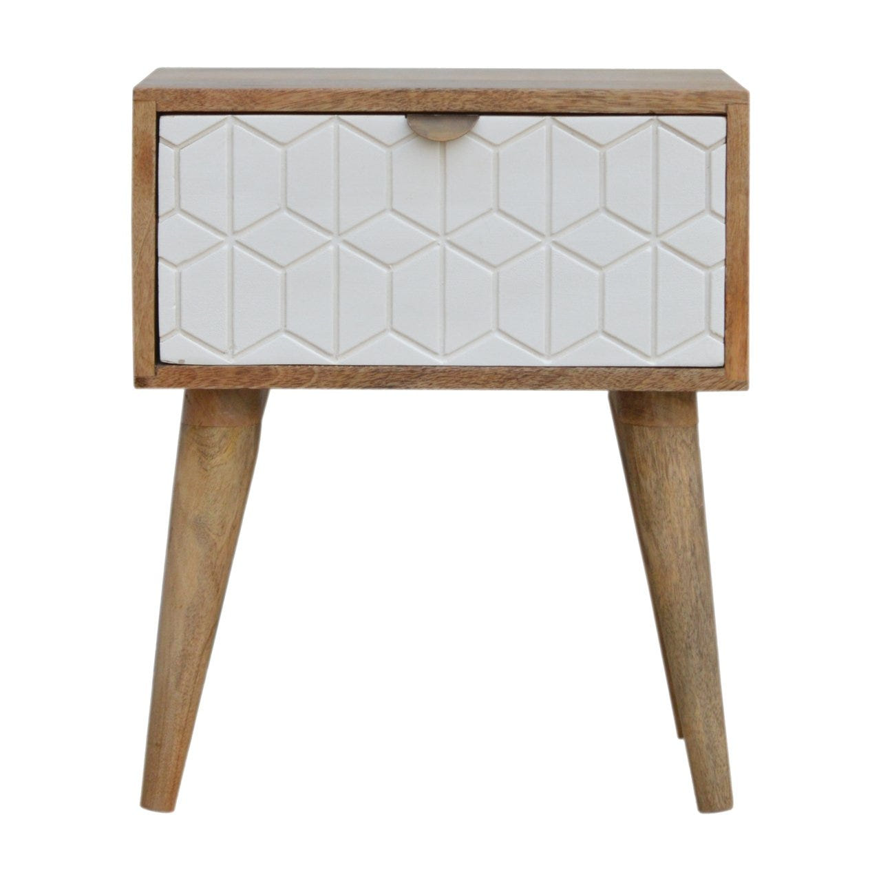 Sleek White Carved Bedside Table | Oak Solid Mango Wood Hand-Carved