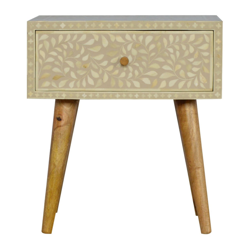 Floral Bone Inlay Bedside Table | Grey Solid Mango Wood