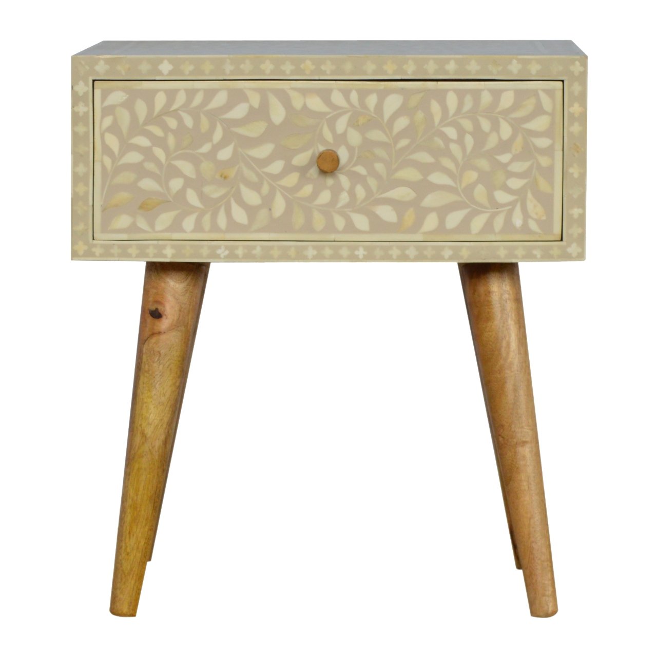 Floral Bone Inlay Bedside Table | Grey Solid Mango Wood
