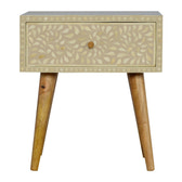 Floral Bone Inlay Bedside Table | Grey Solid Mango Wood
