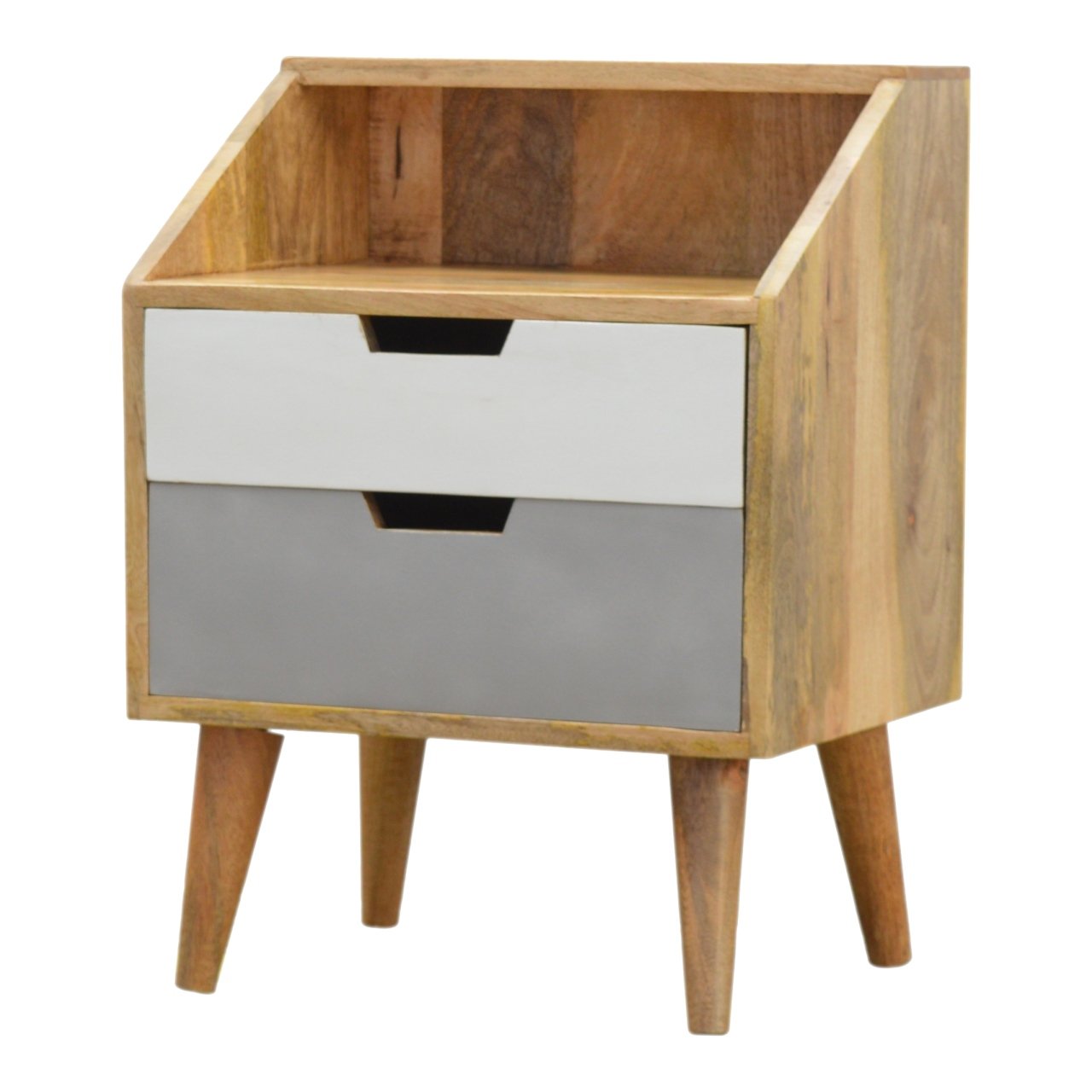 White and Grey Raised Bedside Table | Hand-Painted Solid Mango Wood