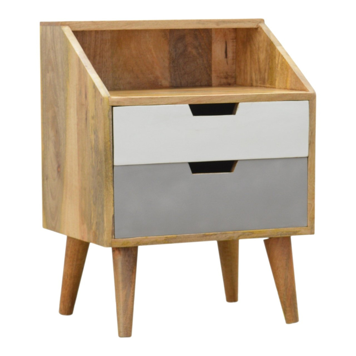 White and Grey Raised Bedside Table | Hand-Painted Solid Mango Wood