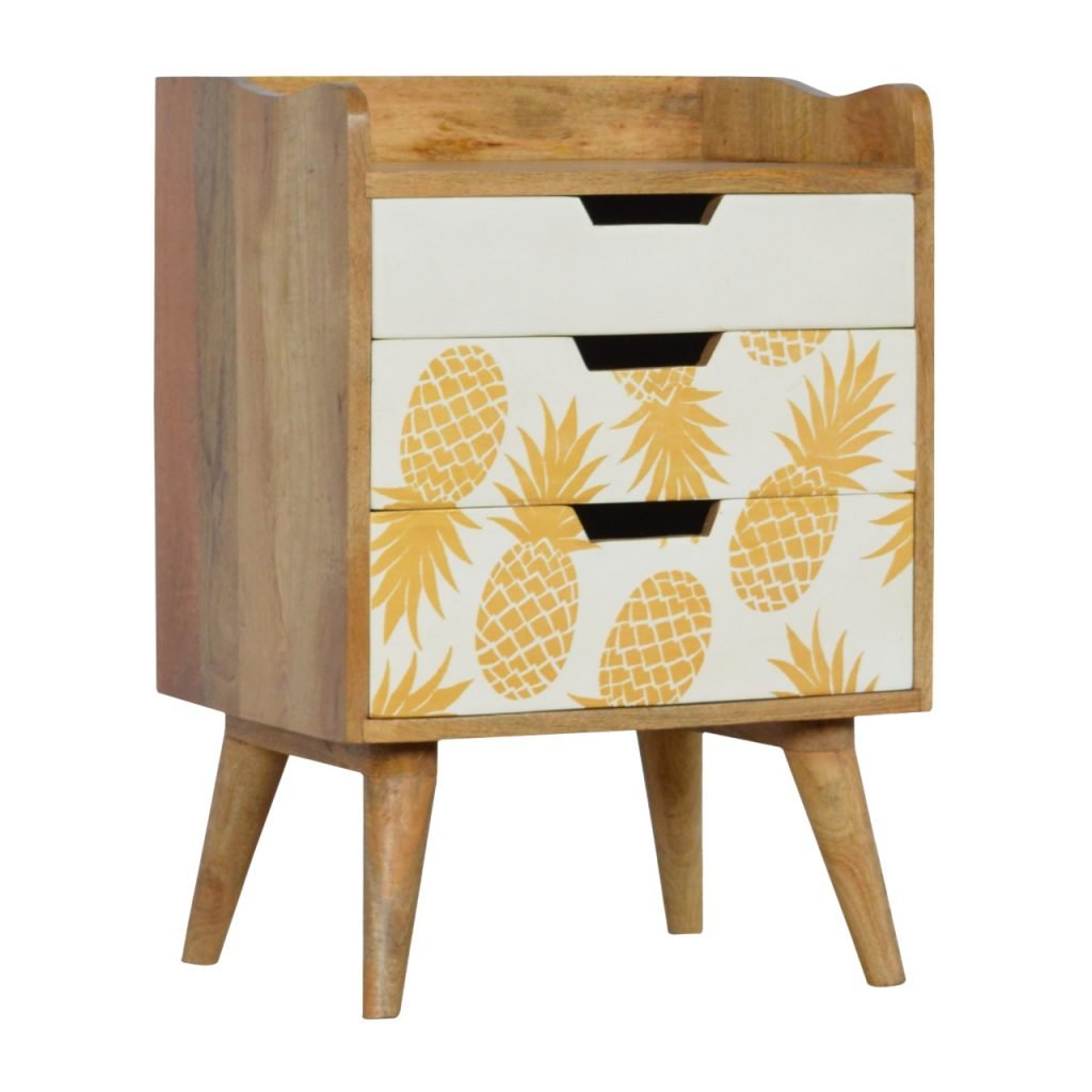 Pineapple Screen Printed Bedside Table | Oak Mango Wood