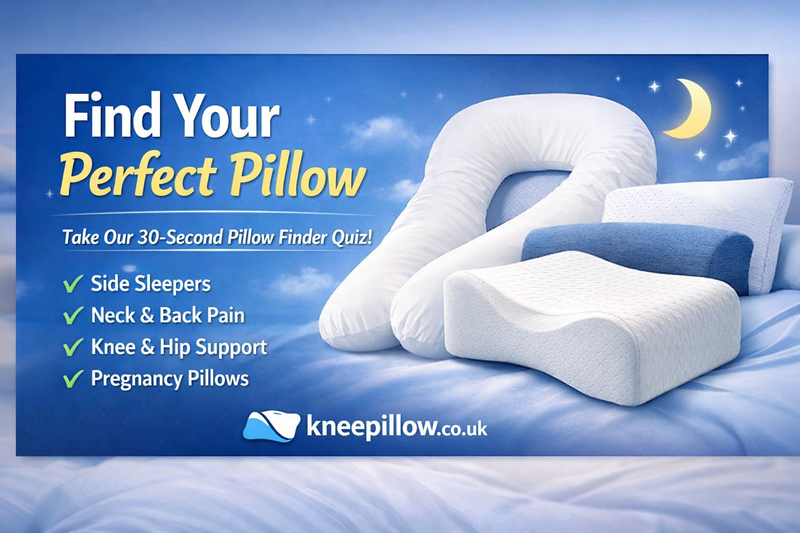 Kneepillow Pillow Finder banner showing support pillows and invitation to take the 30-second pillow finder quiz