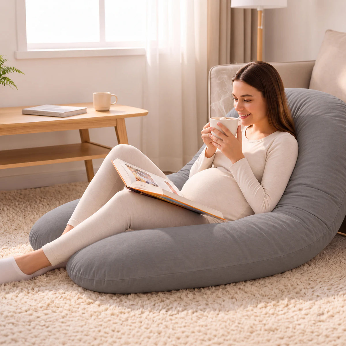 Woman reading while supported by a grey U-shaped pregnancy pillow.