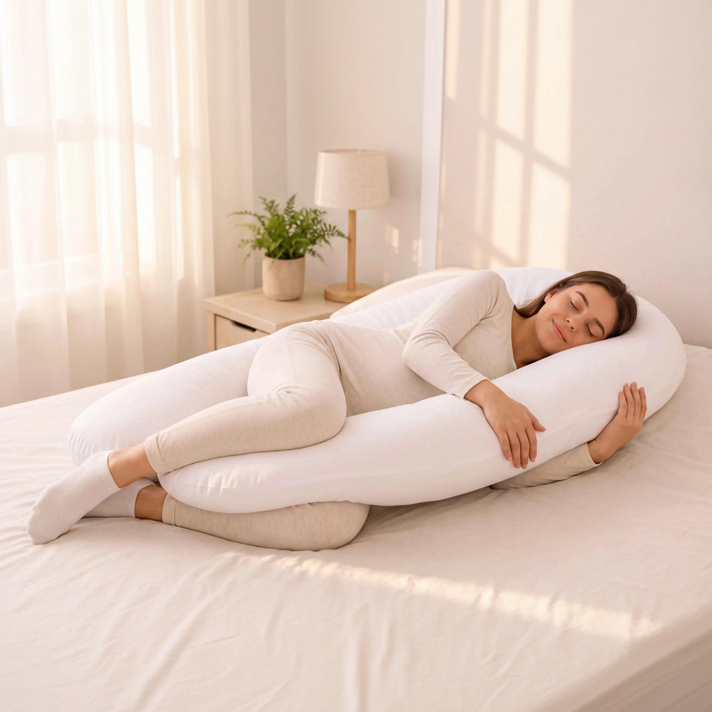 A woman in a beige ribbed pajama set sleeps comfortably on a bed using a large white U-shaped body pillow. The bedroom setting includes a wooden nightstand with a potted fern and a mug in the background.