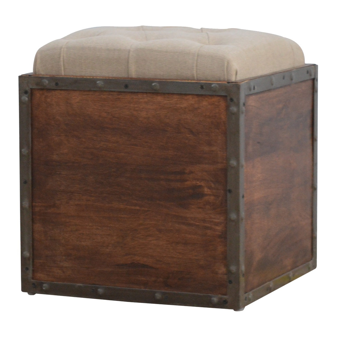 Iron Padded Storage Footstool | Grey Linen Hidden Storage