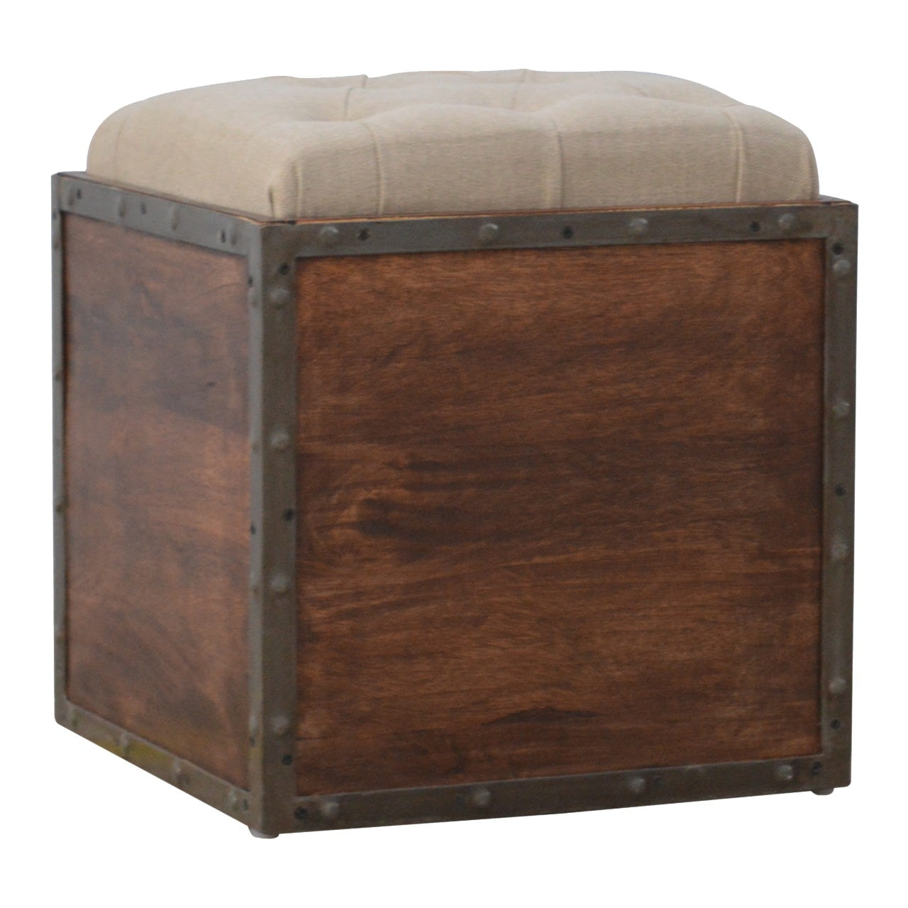 Iron Padded Storage Footstool | Grey Linen Hidden Storage