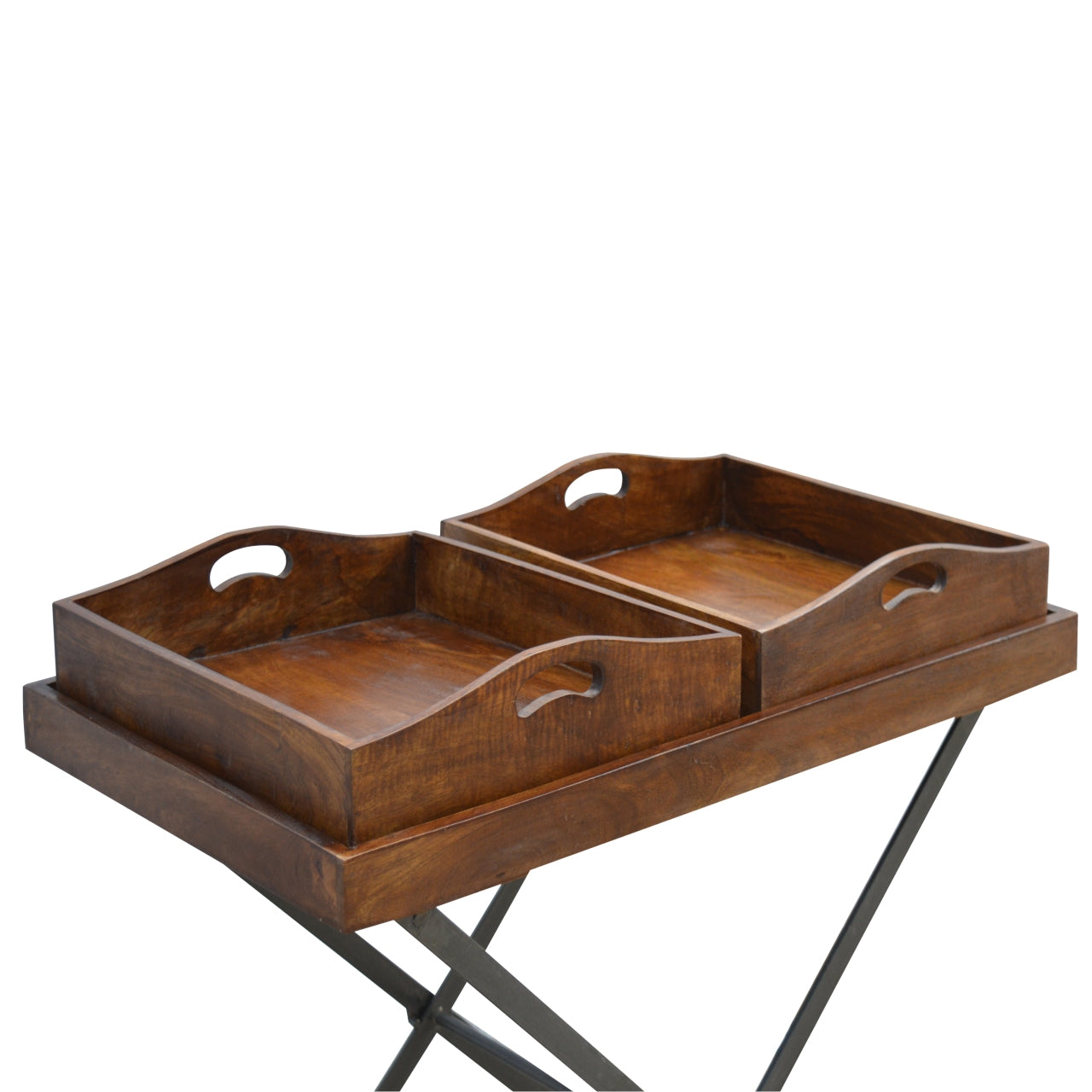 Industrial Metal Butler Tray Accent Piece | Chestnut Iron & Mango Wood