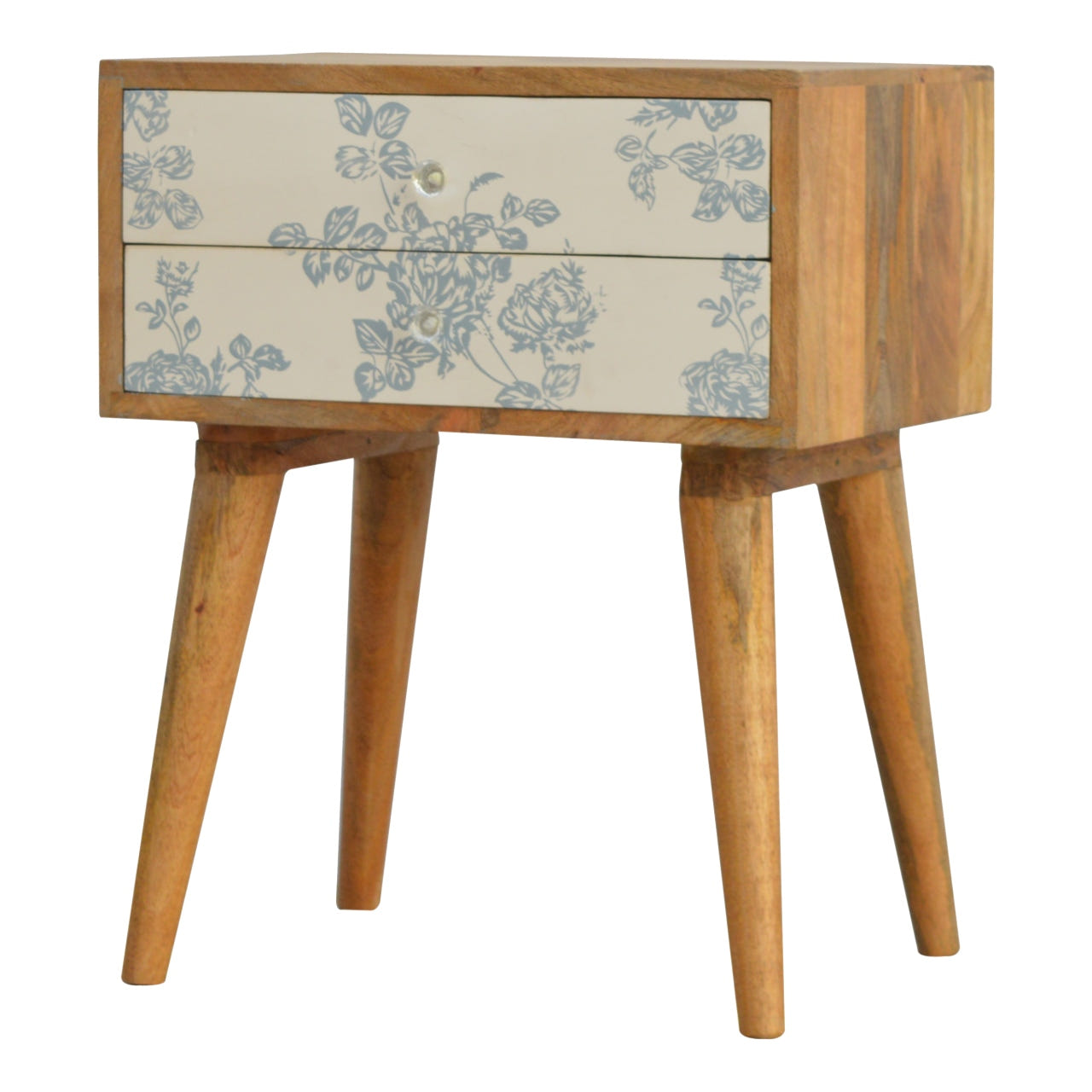 Blue Floral Screen Printed Bedside Table | Oak-Ish Mango Wood