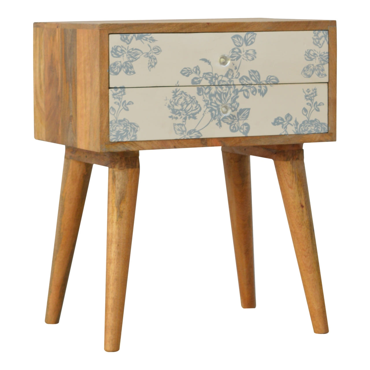 Blue Floral Screen Printed Bedside Table | Oak-Ish Mango Wood