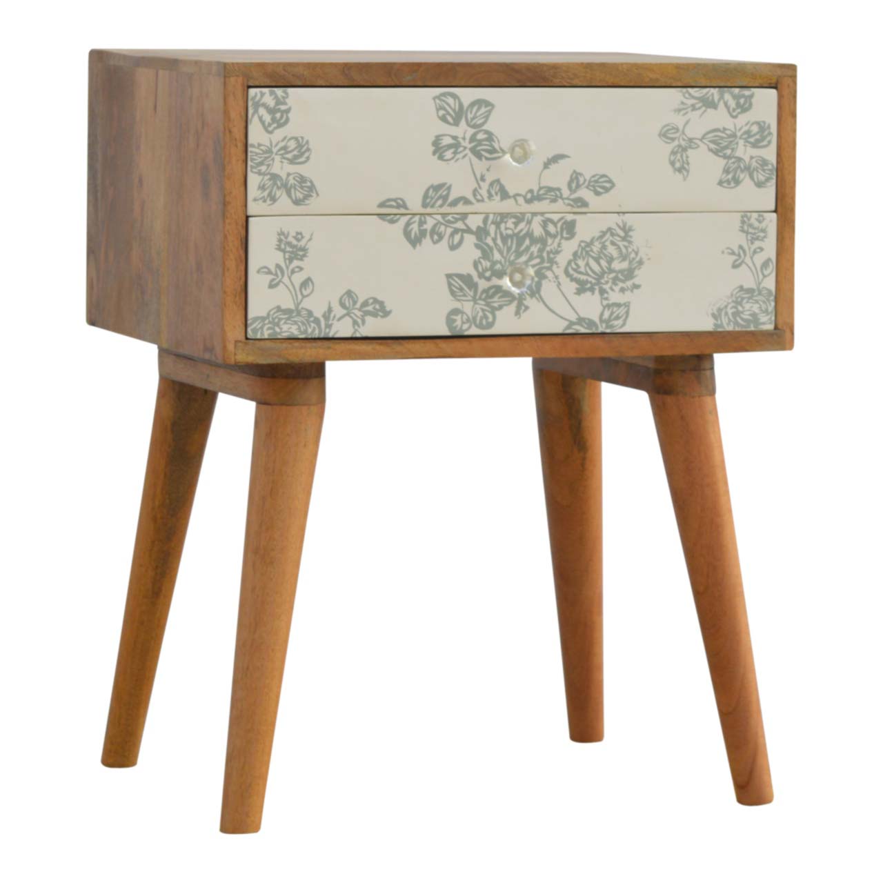 Green Floral Screen Printed Bedside Table