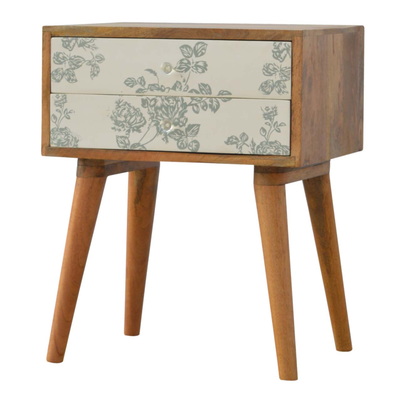 Green Floral Screen Printed Bedside Table