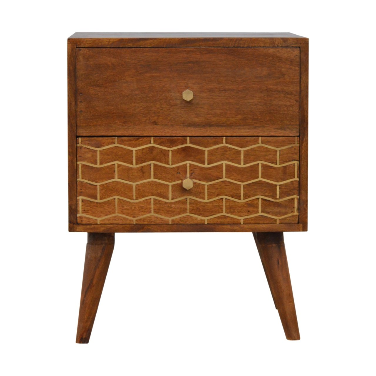 Gold Art Pattern 2-Drawer Bedside Table | Chestnut Mango Wood