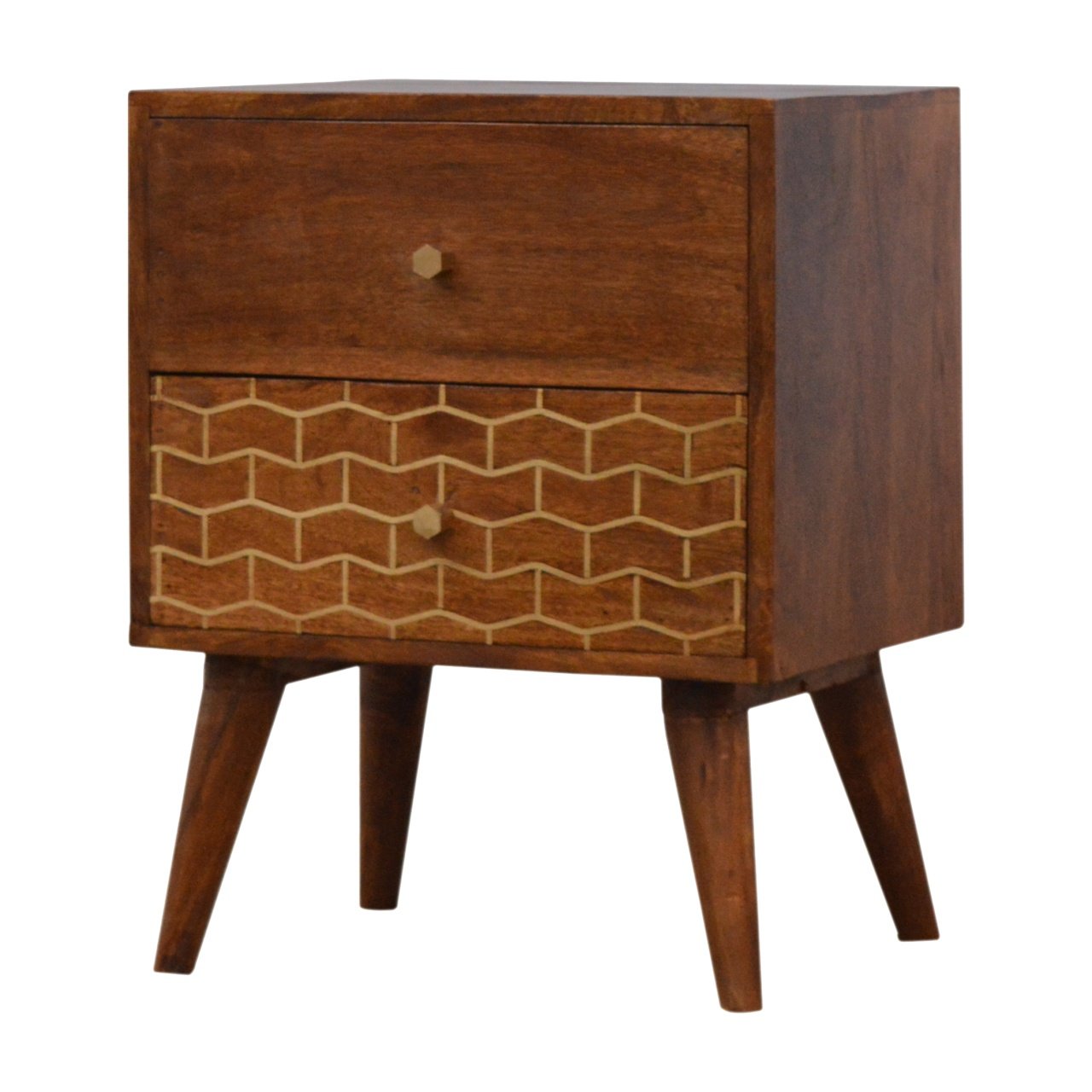 Gold Art Pattern 2-Drawer Bedside Table | Chestnut Mango Wood