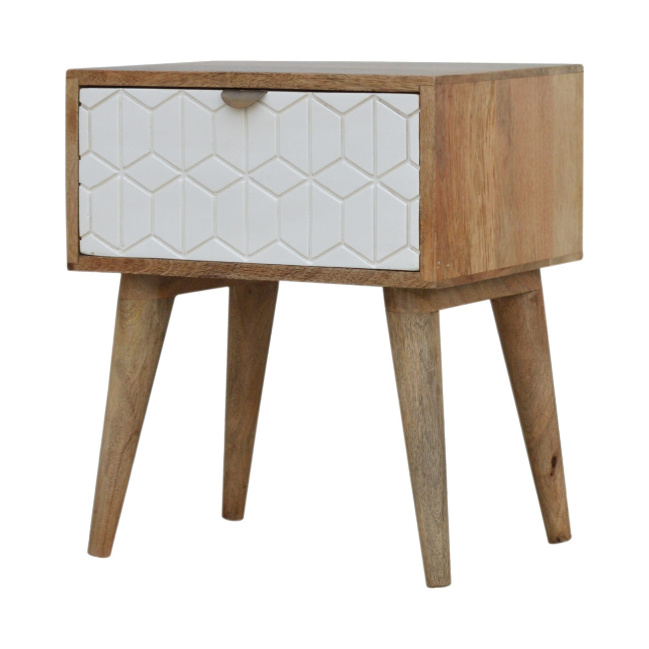 Sleek White Carved Bedside Table | Oak Solid Mango Wood Hand-Carved