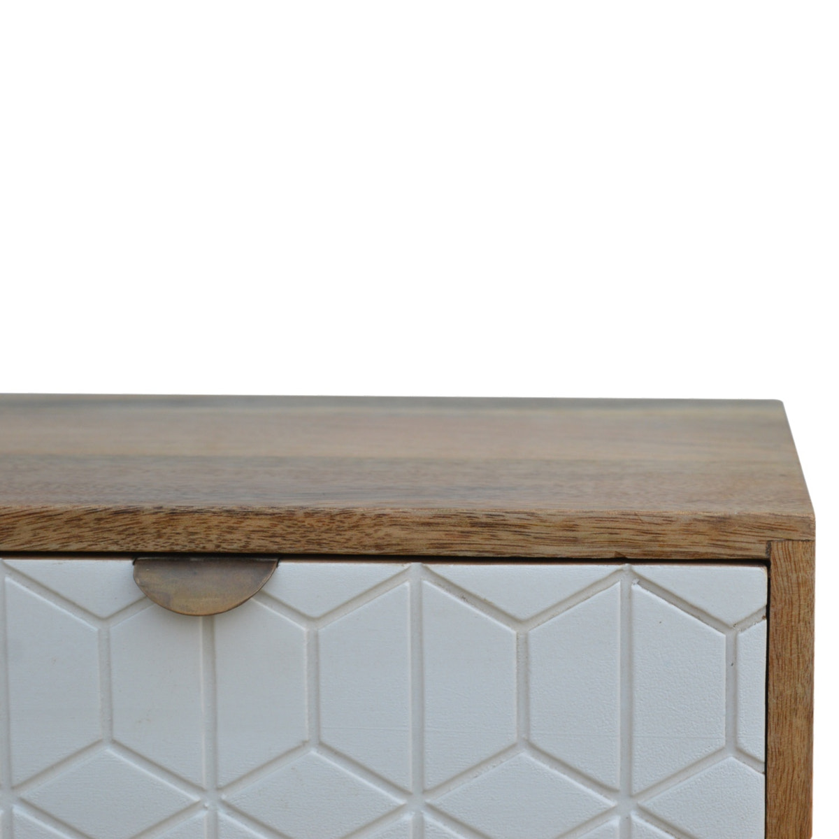 Sleek White Carved Bedside Table | Oak Solid Mango Wood Hand-Carved