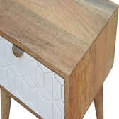 Sleek White Carved Bedside Table | Oak Solid Mango Wood Hand-Carved