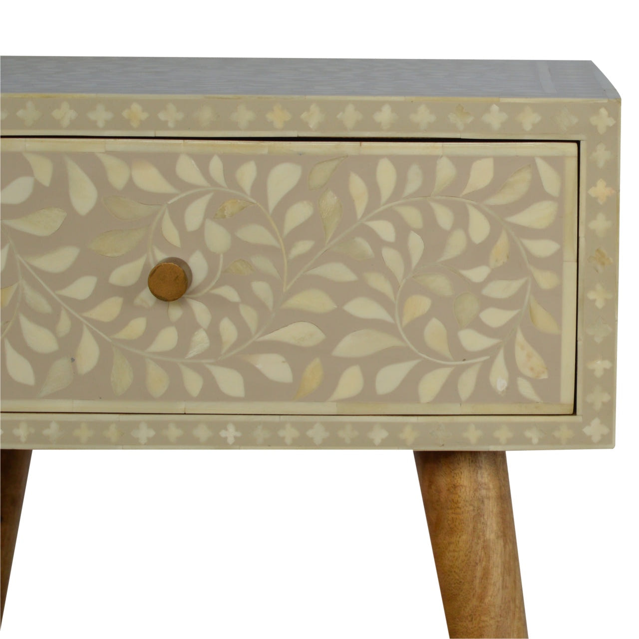 Floral Bone Inlay Bedside Table | Grey Solid Mango Wood